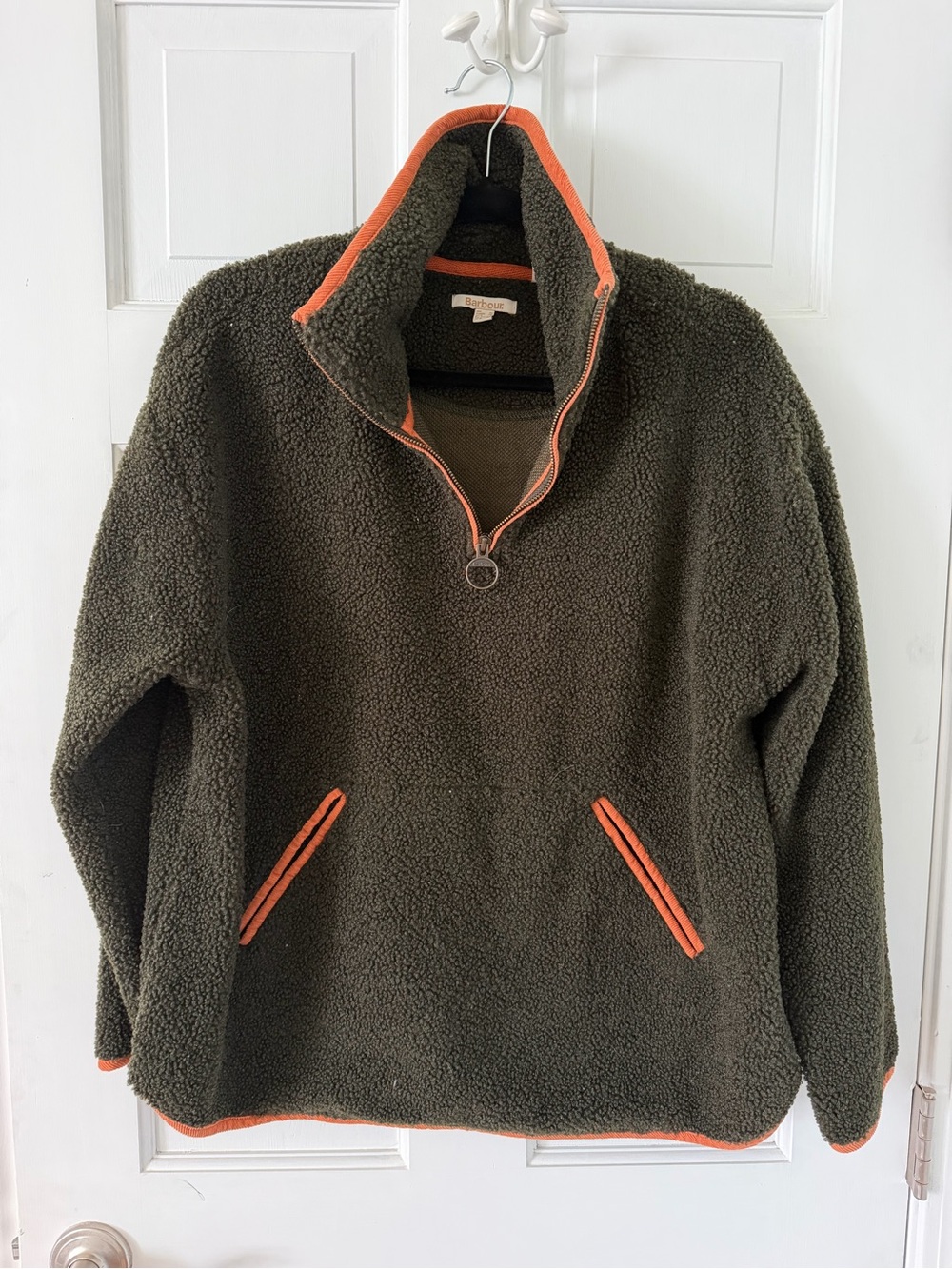 Barbour Olive Green Sherpa Half-Zip Pullover with Orange Trim